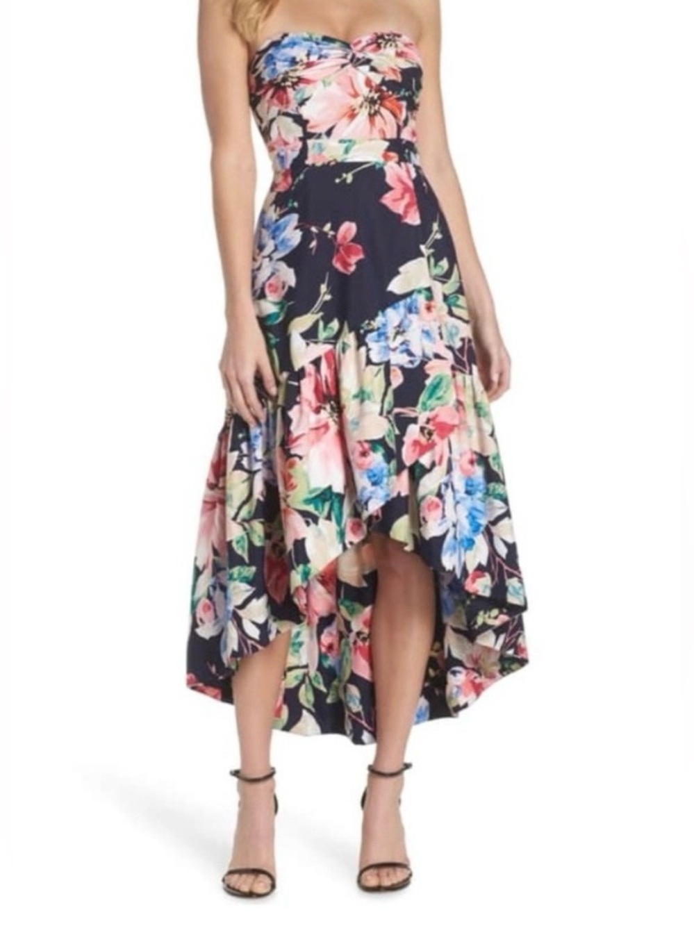 Eliza J Strapless Floral High Low Dress Navy Pink Wedding Guest Size 4